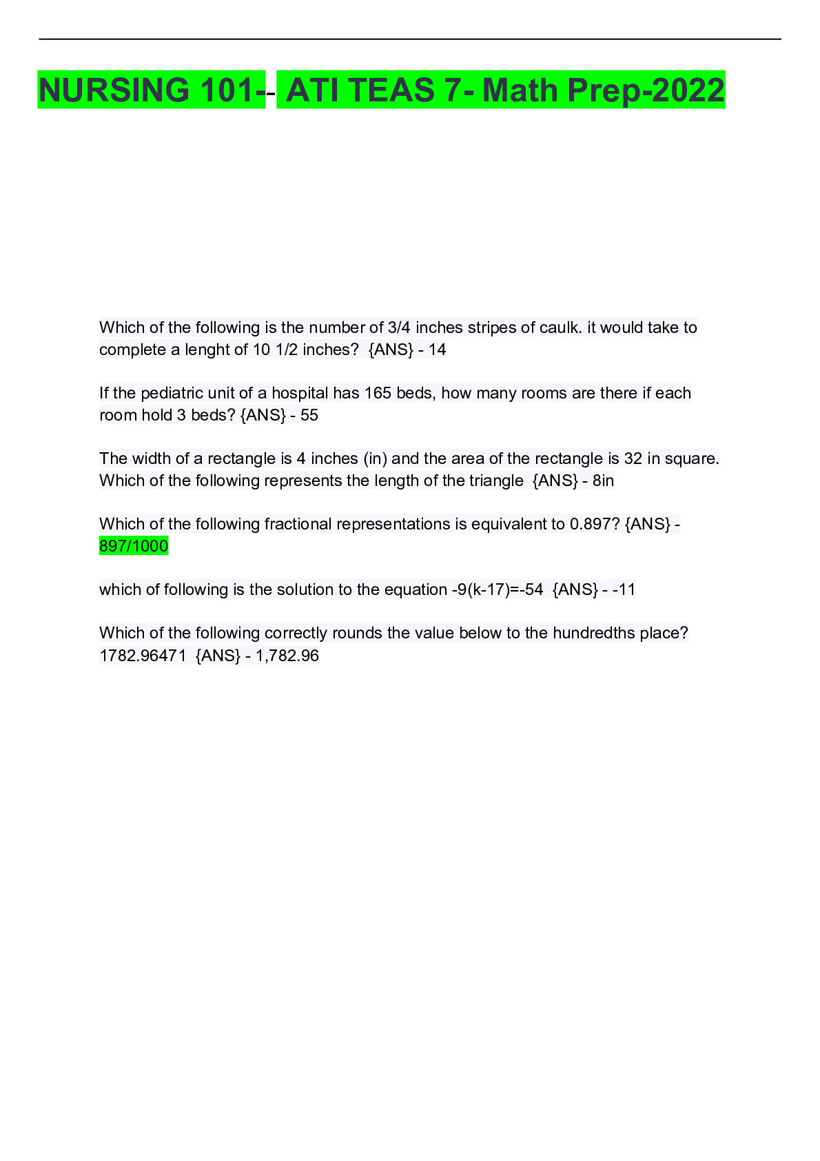 Recommended document preview for NURSING 101-- ATI TEAS 7- Math Prep-2022